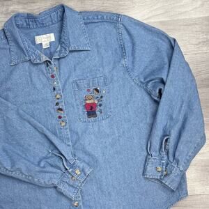 Vintage Fall Bear Denim Jean Shirt Plus Size 1X  Cottagecore Grandmacore Cotton